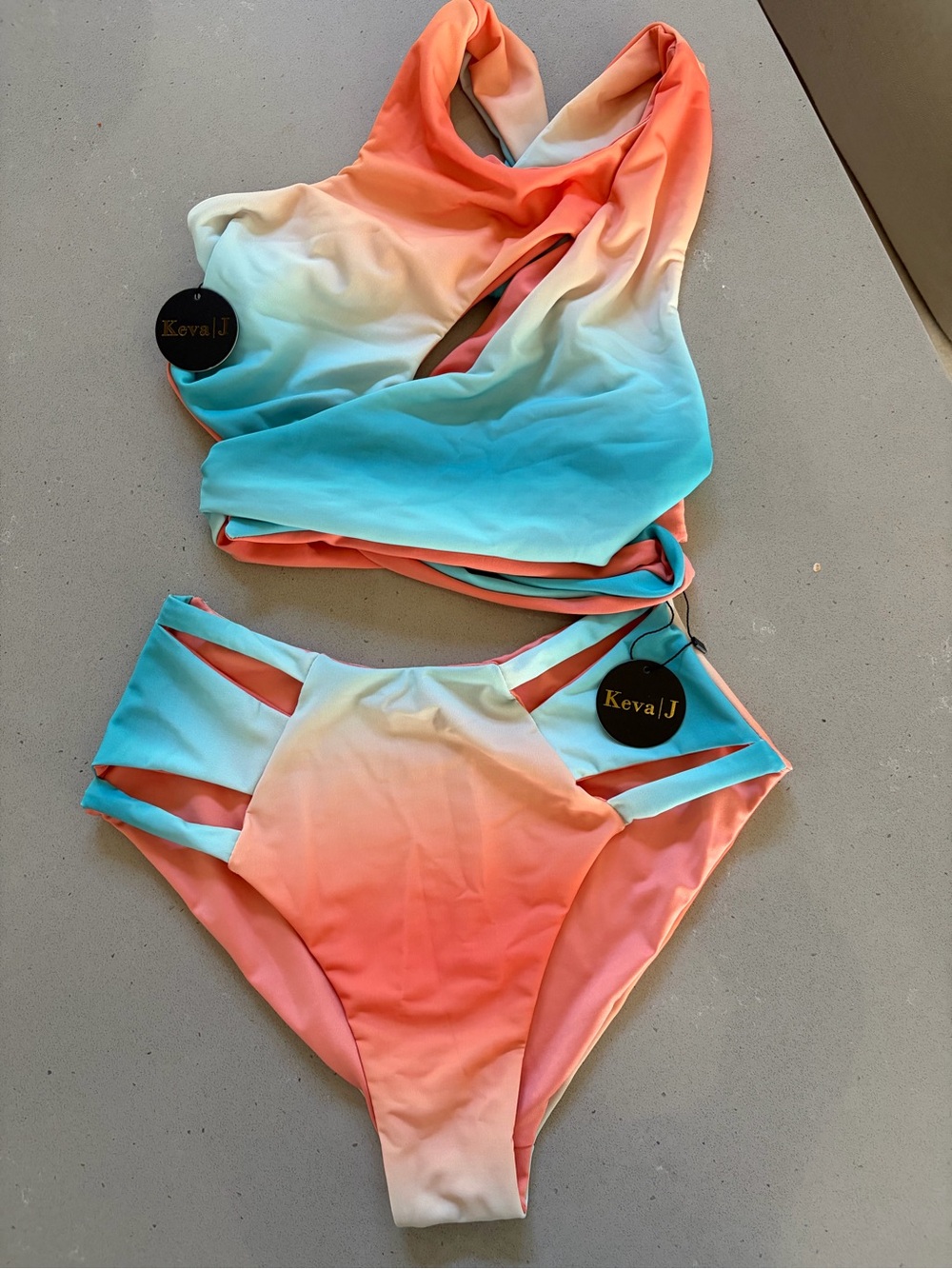 Keva J Ombre Cutout Two-Piece Swimsuit - Coral, Peach & Aqua- medium